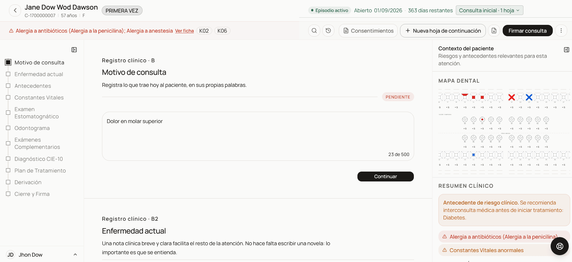 Vista de consulta guiada de Saitooth con antecedentes, odontograma y secciones clínicas